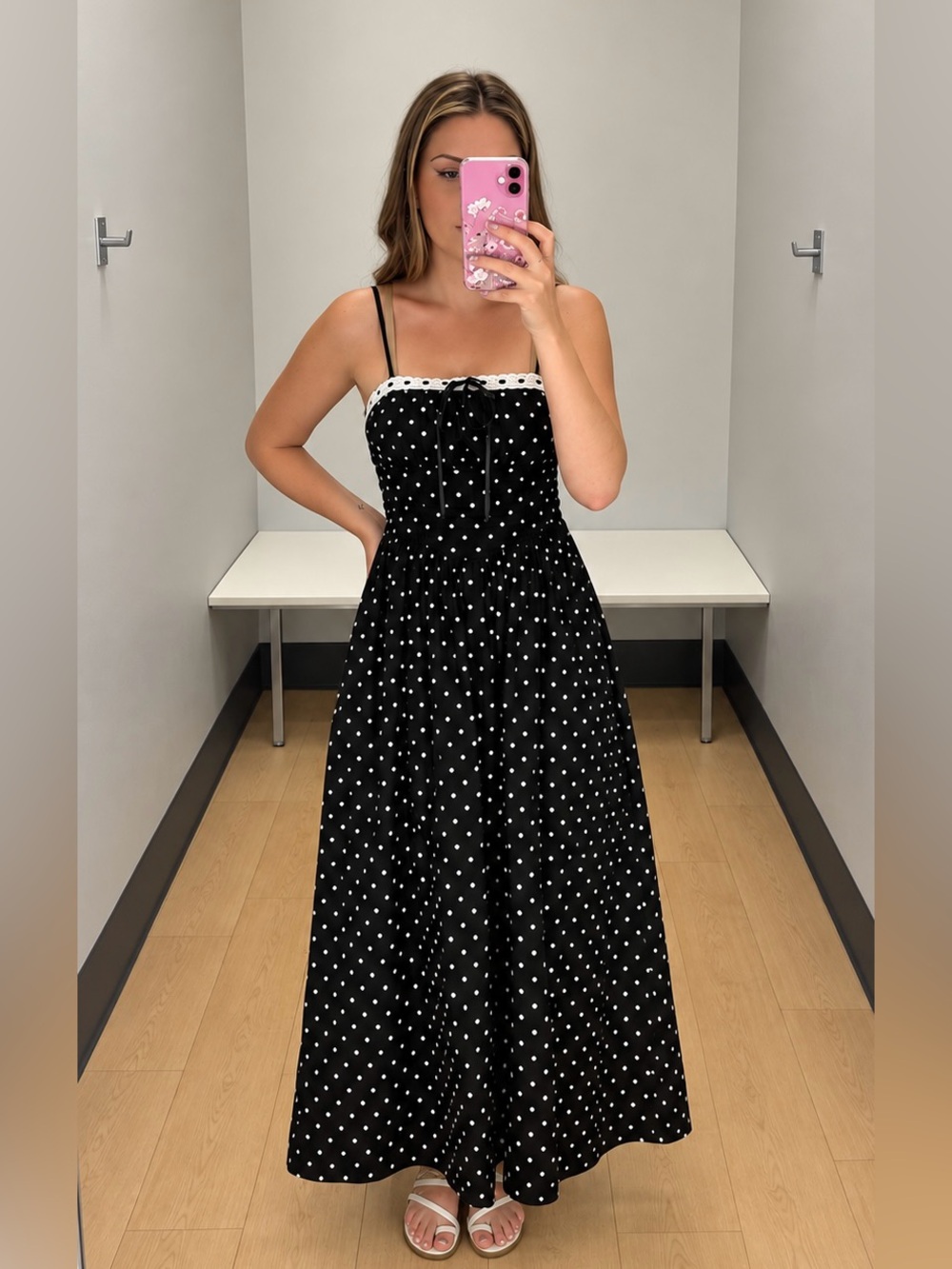 Black Polka Dot Maxi Dress with White Trim
